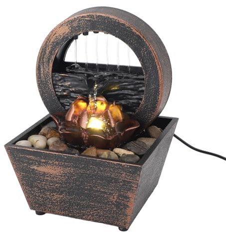 Asixxsix Tischbrunnen, USB-Tischbrunnen mit LED-Lichtern, Innen-Wasserfallbrunnen, Zen-Entspannungs-Tischbrunnen mit Goldener Blumendekoration für Büro, Wohnzimmer