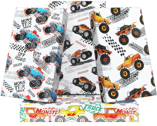 Monster Trucks omslagspapper, Dune buggy off-road fordon racerbil hoppande äventyr omslagspapper, 4 ark vikta platt 50 x 70 cm presentpapper för pojkar flickor barn födelsedagsfest