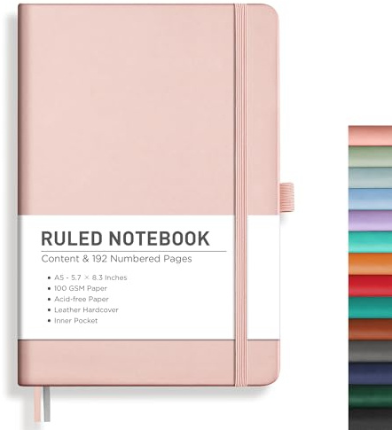 RETTACY Notizbuch A5 Liniert – 192 nummerierte Seiten, 100 g/m² Papier | Journal & Tagebuch, Softcover, kein Tintenfresser, Innentasche – für Berufstätige, Studenten, Meetings - Roségold