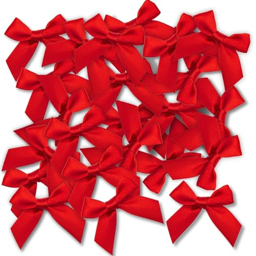 Ryvera 48 Rubans Noeud Cadeau Papillon Rouges de 5cm – Matériau en Satin de Soie Auto-adhésif, Idéaux pour l’Emballage de Cadeaux, la Décoration de Mariage et de Fêtes