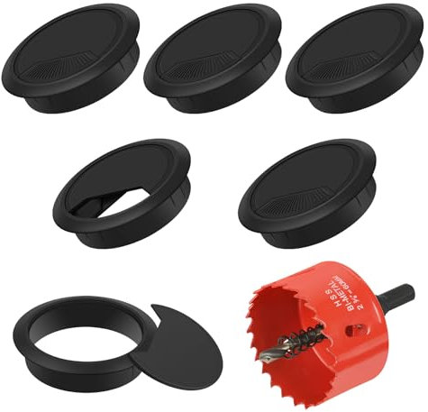 Flintronic 6 Stück Kabeldurchführung Schreibtisch, 60mm Kabeldurchlass mit 1 Lochsäge 60mm, Kabeldurchlass Kabelauslassdose, Schreibtisch Kabellochabdeckungen, für Tisch Büro Schreibtische, Schwarz