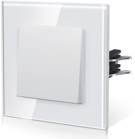 BSEED Interruptor de luz Con Cristal,Interruptor luz pared con Garfio,interruptor conmutador,Botón Pulsador,Fácil Instalación,E-Series,1 Gang 1 Vía,86mm Blanco