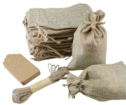 REBECASKYENS 30 stycken presentpåsar med dragsko, jutepåse smyckespåse liten med dragsko för gör-det-själv hantverk bröllop fest jul (10 x 15 cm)