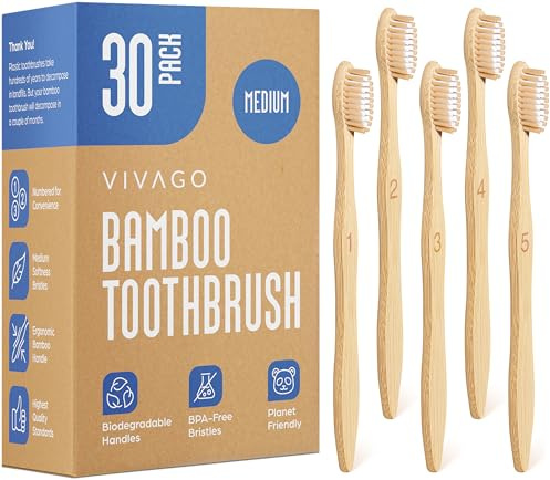 VIVAGO Bamboo Toothbrushes Medium Bristles 30 Pack - BPA Free Medium Bristles Toothbrushes for Adults - Eco-Friendly, Natural Wooden Toothbrush
