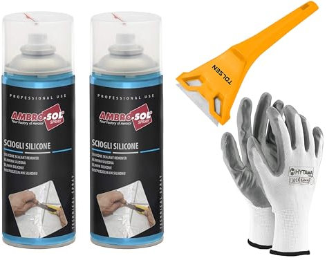 Sciogli Silicone, Rimuove il Silicone e Relativi Residui senza Aggredire le Superfici, Agisce Rapidamente, Spray 2 x 400 ml il Kit Comprende 1 RASCHIETTO e 1 Paio Guanti Nitrile