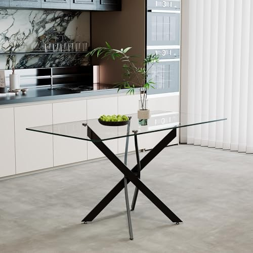 Moderna mesa de comedor de cristal para 4 muebles de cocina con base cruzada de metal negro, 110 x 70 x 75 cm, diseño contemporáneo, perfecto para comedor y espacios pequeños