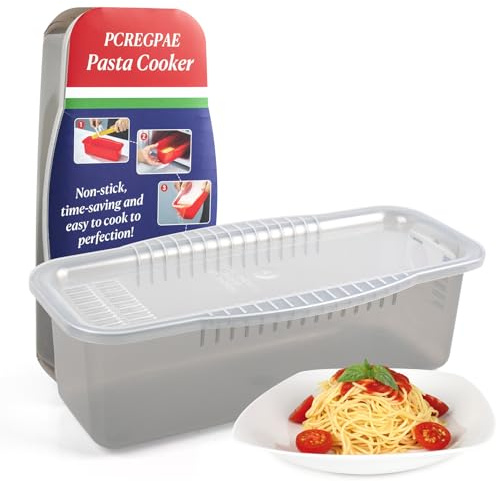 PCREGPAE Microwave Pasta Pot with Strainer Lid & Measuring Cup Clip Quickly Cook 1-4 Servings-No Mess, Sticking or Waiting For Boil, Pasta Cooker in Microwave for Dorm Kitchen Office College Essential