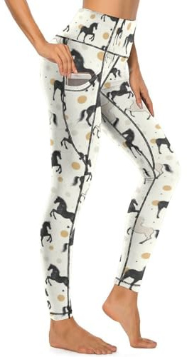 Yogahose mit Taschen für Damen – Vintage-Pferd, schwarz-weißer Druck, Workout-Leggings für Damen, Bauchkontrolle