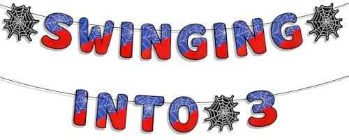 SAVITA Spider Theme 3rd Birthday Banner, Pre-Strung Swinging into 3 Hanging Decor with Spider Web Design Boys Girls Third Happy Birthday Party Favors Decorations Supplies