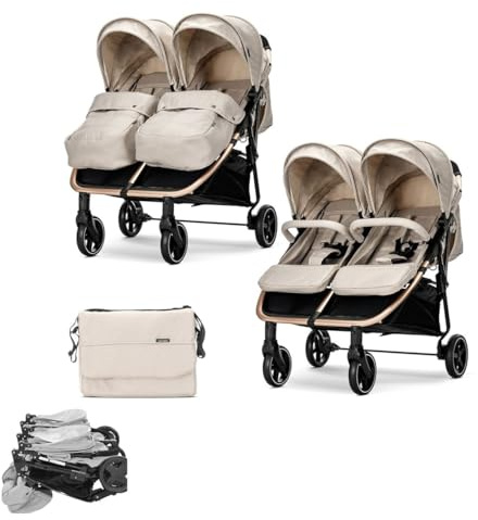 Lorelli Zwillingskinderwagen Duo, Zwillingsbuggy klein faltbar für 2 Kinder, sehr leicht, Zwillingswagen nebeneinander, Geschwister Kinderwagen kompakt zusammenklappbar, Beige