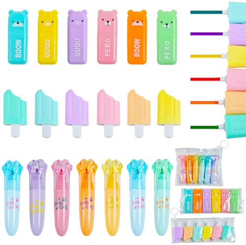 BXUUXA Mini Textmarker 36 Stück Pastell Highlighter Set mit 3 Designs | 18 Marker in 6 Pastellfarben mit Bär-, Katzenpfoten- und Eis-Design für Planer, Journaling, Schule, Büro und Notizen