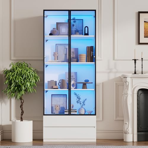 80 x 34 x 200 cm, vitrinskåp, högskåp med LED-lampor, vardagsrum sidoskåp med 2 dörrar, vitrinskåp med 2 lådor, förvaringshyllor, bokhylla, displayhylla, aluminiumram, vit