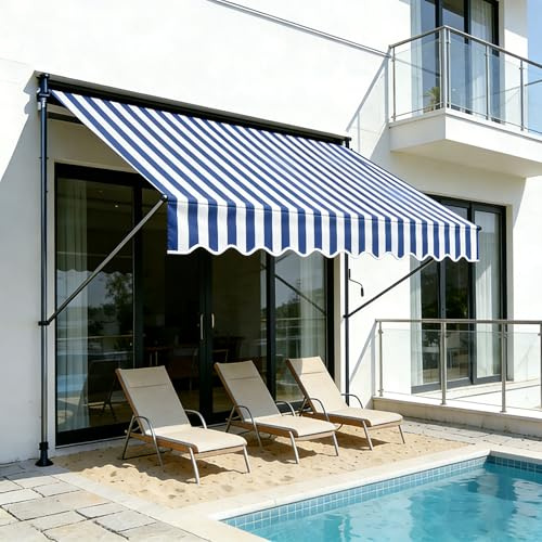 Ferzone Klemmmarkise ohne Bohren 200x120cm, Balkonmarkise mit Handkurbel, höhenverstellbar, Sonnenschutz, UV-beständig, Wasserdicht, Sonnenmarkise für Terrasse,Balkon,Garten (Blau - weiß Streifen)