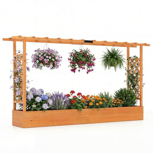 COSTWAY Jardinière avec 2 Treillis Latéraux Toit Suspendu en Bois d'Épicéa avec Trou de Drainage, Lit de Jardin Surélevé pour Plante Grimpante Fleurs Herbes, 220 x 35 x 114 cm (Orange)