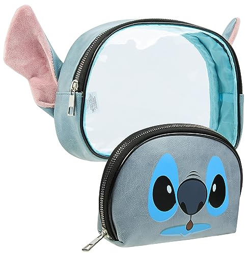 Disney Stitch Kosmetiktasche Damen Teenager, 2-teilig Kulturtasche Klein mit Reißverschluss, Kulturbeutel für Reise Zubehör, Geschenke für Frauen