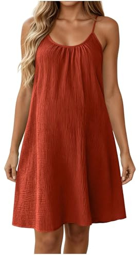 Elegant Cotton Linen Midi Sundress for Women Sleeveless Spaghetti Strap Dress Business Holiday Beach Party Dresses Ladies Solid Color Swing Mini Dress Strand