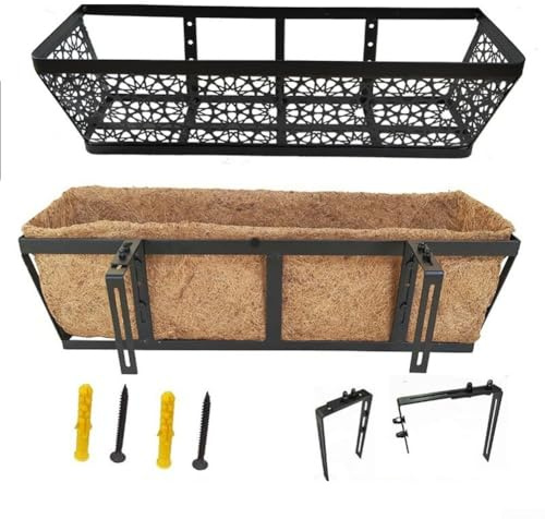 Fioriera in metallo da 61 cm con rivestimento in cocco naturale, per ringhiere esterne, staffe regolabili, antiruggine, in acciaio al carbonio, cesto per fiori grande (senza supporto)