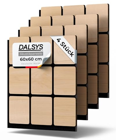 Dalsys 4x Akustikpaneele mit 3D-Quadrat-Muster 60 x 60cm Eiche hell Holz | Wandpaneele Holz für Schallschutz in Arbeits- & Wohnräumen - Akustik Paneele Wand - Holzpaneele Wand - Wandverkleidung innen