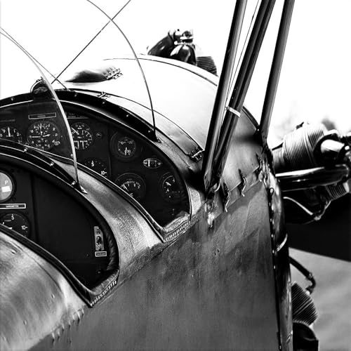 artissimo Glasbild 30x30 cm Vintage Flugzeugcockpit AG4066A – Bild aus Glas, schwarz-weiß Luftfahrtmotiv, technisches Wandbild & Wanddeko quadratisch