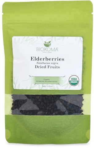 Biokoma Organic Elderberries Dried Fruits 100g (3.55oz) Immunity Digestion Boost Resealable Moisture Proof Pouch USDA Certified Organic Herbal Tea No Additives No Preservatives No GMO Kosher