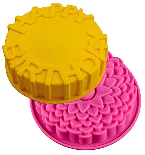 JAHEMU Silikonformen mit Blumenmuster Happy Birthday Silikonbackform Chrysantheme Blume Silikon Kuchen Schimmel Backformen Brotbackformen Geburtstag Kuchen Dekoration 2 Stück
