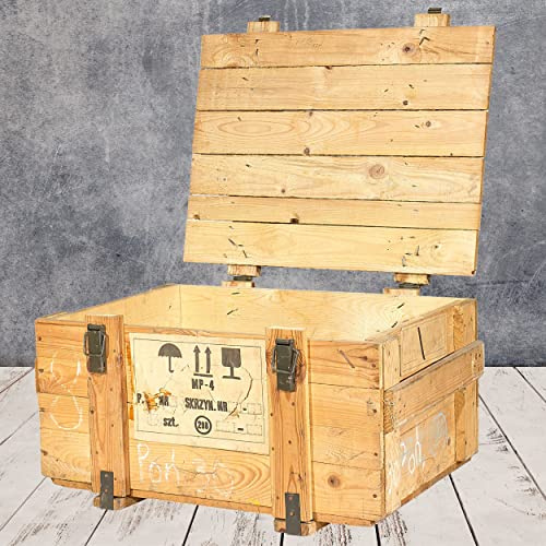 Vintage Möbel 24 GmbH Große Munitionstruhe im Naturton, 78x59x41cm - Militär Truhe Offizierskoffer Aufbewahrungskiste Munitionsbox Militaria