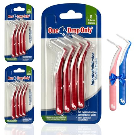 One Drop Only – Blister Interdentalbürsten 3 x 8er 0,5 mm (S), Effektive Plaque-Entfernung mittels Dentalbürsten, Zahnseide Stick für optimale Zahnreinigung, 2 Gratis-Zahnzwischenraumbürsten (XS & M)