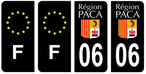 HADEXIA Nummernschild-Aufkleber, französisches Departement 06, Alpes-Maritimes Altes Region PACA, Schwarz, Farbe & F Frankreich, Europa, 4 Stück