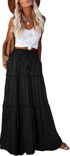 EARKOHA Trendy Lightweight Drawstring Tiered Ruffles Paisley Hippie Plus Size Bohemian Long Maxi Skirt with Deep Pockets for Office Music Festival Travel Picnic Dating Fall Outfits Black L