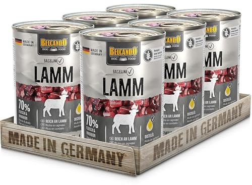 BELCANDO Baseline Nassfutter für Hunde, Lamm, 6X 400g Dose, 70% Fleisch für ausgewachsene Hunde, Hundefutter nass ohne Getreide, Made in Germany