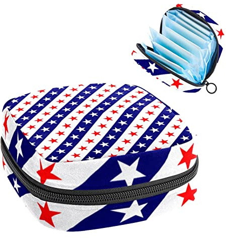 Rot Weiß Sterne Blau USA Flagge Farbe Periode Tasche Tragbar Tampon Aufbewahrungstasche für Damenbinden, Mehrfarbig, 4.7x6.6x6.6 in/12x17x17 cm