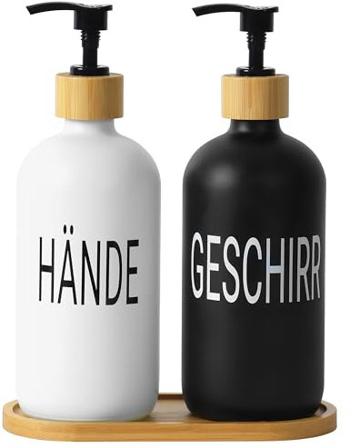 Winter Shore Glas Seifenspender Set in Deutsch [2 STK.] - Schwarz-Weiße Nachfüllbare Dispenser für Handseife und Spülmittel - Pumpspender-Köpfe & Tropfschale aus Bambus - 7,5 x 21.5 cm, 500 ml
