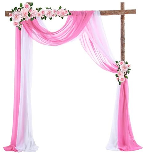 70 * 550cm Foto Hintergrund Hochzeit Vorhang Deko,2 Stück Hochzeit Bogen Chiffon Stoff Querbehang Deko Gardinen Freihanddeko Dekoration für Fotografie Party Geburtstag Taufe -Weiss + Rosa