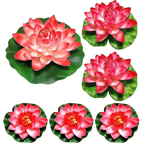 Fituenly 6 Pcs Floating Flowers for Ponds, Artificial Foam Lotus Flowers Fake Floating Pond Plants Realistic Water Lily Pads Ornaments for Garden Pond Aquarium Fish Tank Decoration, 10,17,28cm