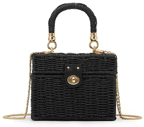 Fecialy Damen Handgewebte Rattan Handtasche Strand Stroh Tote Tasche Quadrat Umhängetasche Boho Crossbody Bag,Schwarz