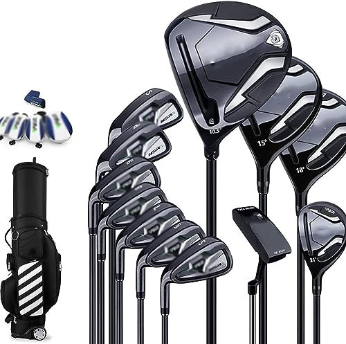 Komplett golfklubbsset för män, komplett set för nybörjare, golfklubba, herr vänsterhand med vagnväska, kolaxel, paket med 12