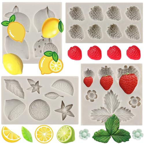 MYPRACS 4 Stück Zitronen Fondant Formen Erdbeer Sommerfrucht Silikonform | Frucht Blume Süßigkeiten Schokoladenform Zitronenscheiben Harzform für Kuchendekoration Cupcake Topper Gummipaste Polymerton