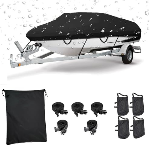 JZAHYUK Boat Cover 17-19ft, Waterproof Trailerable Boat Cover, Heavy Duty UV Resistant Marine Grade Polyester Canvas, Fits 17-19ft V-Hull, Tri-Hull, Fishing Runabout Boat with Tightening Strap