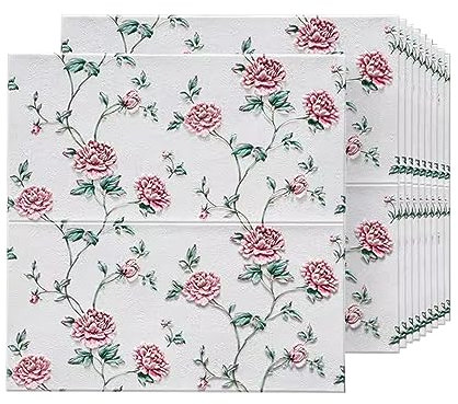 Lot de 10 Autocollants muraux en Mousse 3D avec Motif Pivoine rétro,Panneaux muraux à décoller et à Coller pour décoration Murale intérieure,rénovation Murale (Couleur: Blanc)