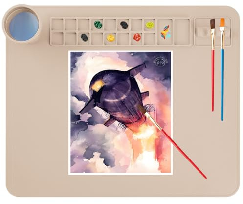 Patpot Silicone Painting Mat for Kids, Craft Mats with Detachable Cup 50x40cm Art Mat with Paint Palette Non-Slip Watercolor Mat Clay Art Supplies DIY Accessories for Painting ＆ Drawing - Cappuccino