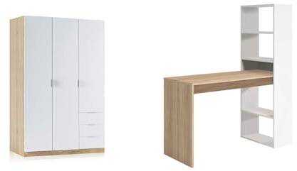 Habitdesign Armario Ropero de Tres Puertas y Tres Cajones, Acabado en Color Roble & Escritorio con Estanteria Reversible, Mesa de Ordenador, Blanco Artik y Roble Canadian