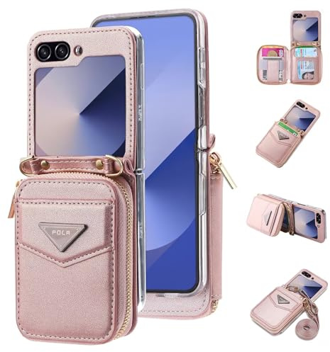 ESONG Fodral för Samsung Galaxy Z Flip6/7 FE,högklassigt läder plånbok telefonfodral med korthållare/ställ,Crossbody mobilfodral,Stötsäkert Skal,Stöttåligt Stötfångarhölje Case för kvinna-Rosa