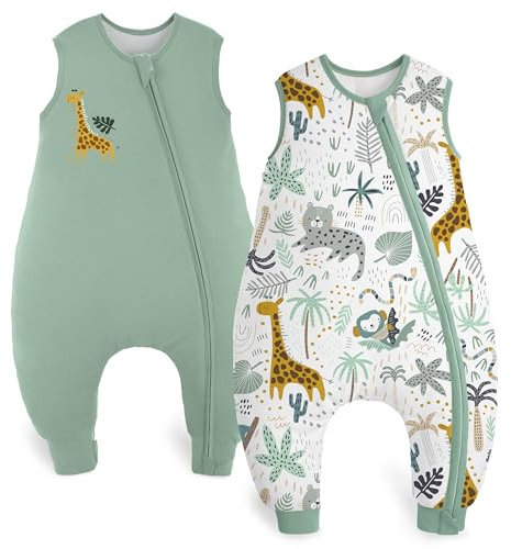 Yoofoss 2er Pack Baby Schlafsack mit Füßen 1.5 Tog Baumwolle Schlafsack Baby mit Beinen Herbst Winter Babyschlafsack für 18-36 Monate Kinder Jungen Mädchen 80 cm- Grün Giraffe