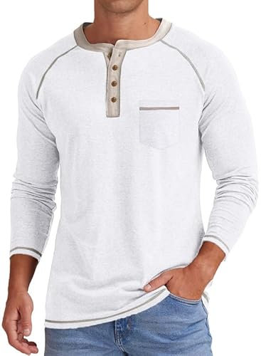 Meilicloth Mens T Shirt Long Sleeve Tshirt Casual Pullover V Neck Tee Shirt Button up Henley Tops Lightweight Shirt with Pocket White Large