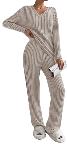Yutdeng Tuta Donna 2 Pezzi Set Maniche Lunghe con Scollo a V e Pantaloni a Gamba Larga con Tasche Casual Completo Sportiva Set Pigiama a Costine Tuta da Ginnastica,da Jogging,da Casa,Albicocca,S