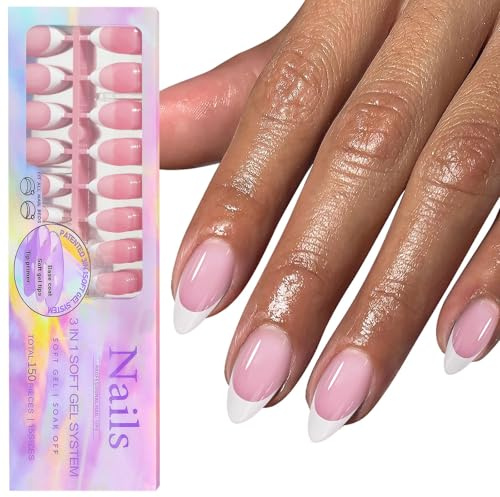 GZMAYUEN Press on Nails Almond French Rosa - 15 Stück 150Pcs Full Cover Nails zum Aufkleben 3 in 1 Soft Gel Künstliche Nägel