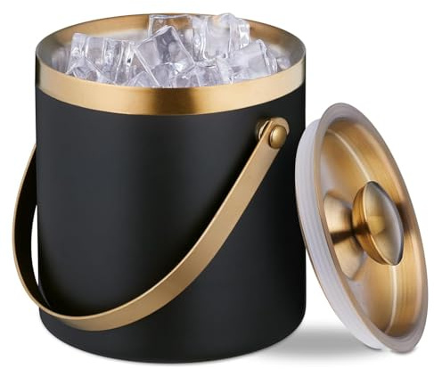 Lmzzdld Eiskübel, Edelstahl, Doppelwandig, Eiskübel mit Deckel &, 2 L, Eiswürfelbehälter Schwarz & Gold