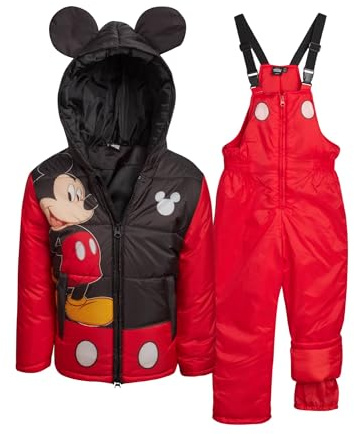 Disney Toddler Boys Snow Suit Set - 2 Piece Toy Story Mickey Mouse Cars Insulated Winter Jacket and Ski Bib Overalls for Boys, Size 7, Mickey Red/Black