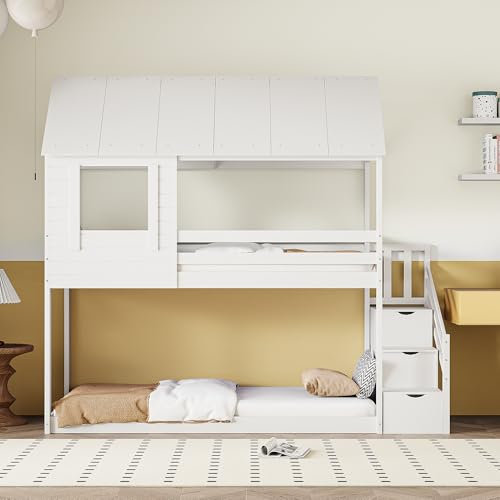 I0I&I0I Kinder Etagenbett 90x200 cm, Massivholz mit Dachkonstruktion, Sicherheitstreppe mit Stauraum, Lattenrost inklusive, Haus-Design, Hohe Geländer, Platzsparend, Schlaf- und Spielbereich (Weiß)