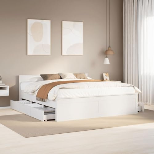 IKAYAA Massivholzbett 180 x 200 mit Stauraum Bett mit Schubladen Stauraumbett mit Kopfteil Bett 180 x 200 mit lattenrost-Weiß-180 x 200 cm